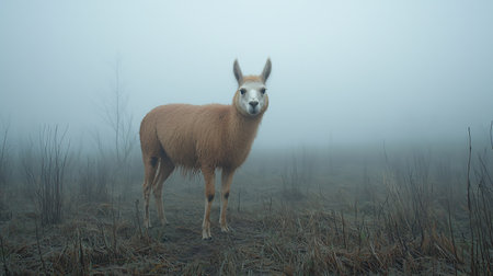Alpaca (Lama glama) in the fog.の写真素材