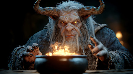 Witch with horns on his head in a pot. Halloween.