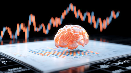 3d rendering of human brain and financial chart on black background.の写真素材