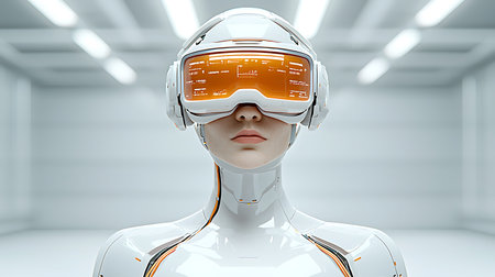 3d rendering female robot with virtual reality goggles on white interior backgroundの写真素材