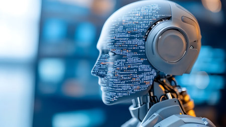 Robot humanoid working with binary code, artificial intelligence concept. 3d renderingの写真素材