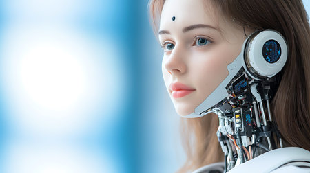 3D rendering of a female robot looking at the camera on blue background