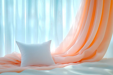 White and orange silk curtains with soft pillows. 3D rendering