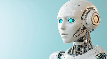 3d rendering humanoid robot or cyborg with copy space on blue background