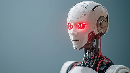 3d rendering humanoid robot with red light on the head on grey background