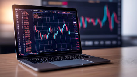 Laptop with stock market chart on the screen. 3d rendering.