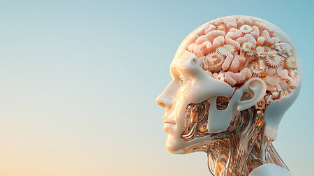 Human head with brain and gears. Artificial intelligence concept. 3D Renderingの写真素材