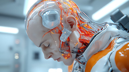 3D rendering of a female robot with a brain in the brain
