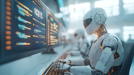 3d rendering humanoid robot typing on computer keyboard.