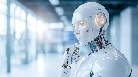 3d rendering humanoid robot in a modern office with empty space for text