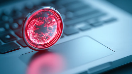 Close up of a red security camera on a laptop. 3D Renderingの写真素材
