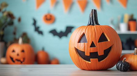 Halloween pumpkins on wooden table in decorated kitchen. Space for textの写真素材