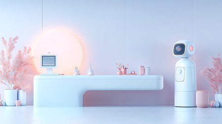 3D rendering of a modern room with white walls, a white desk with a mirror and a robotの写真素材