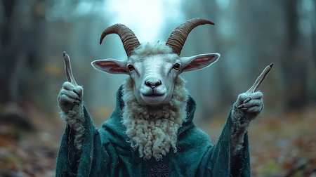Sheep with horns in the forest. 3d renderingの写真素材