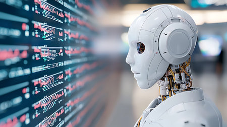 3d rendering humanoid robot working with programming code on screen in office