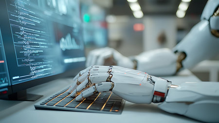 Robot hand typing on computer keyboard. Artificial intelligence concept 3D renderingの写真素材