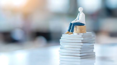 Miniature people : Businessman sitting on stack of coins, Success conceptの写真素材