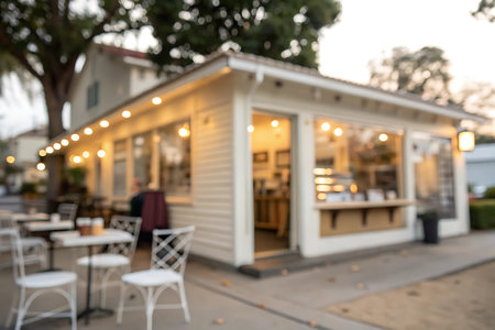 Blurred background of coffee shop with bokeh light at sunsetの写真素材