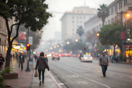 Blurred background of people walking on the street in the evening.