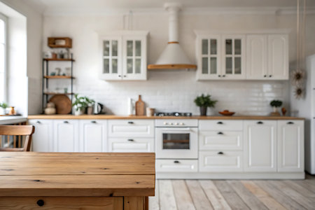 Empty wooden table in modern kitchen interior. Mock up for design.の写真素材