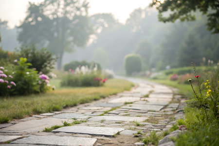 Garden stone path with flowers and trees on the background. Summer landscape.