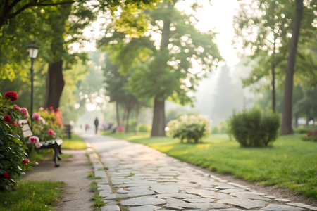 Beautiful park in the morning. Blurred background, bokeh.の写真素材