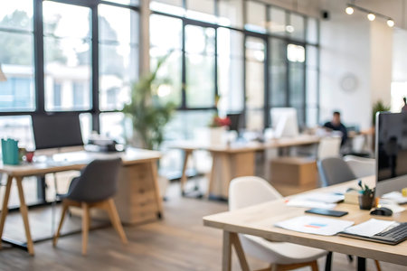 Blurred image of modern office interior with business people working on laptopの写真素材