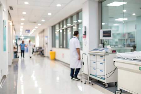 Blurred image of doctor and patient in hospital corridor for background usage.の写真素材
