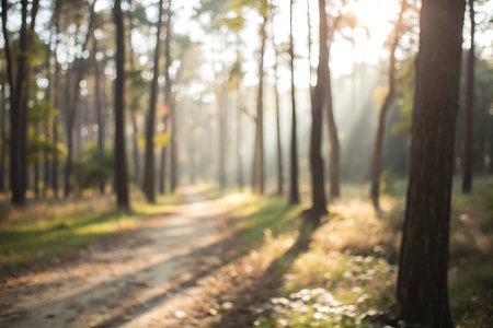 Sunset in the pine forest. Blurred background and bokeh.の写真素材