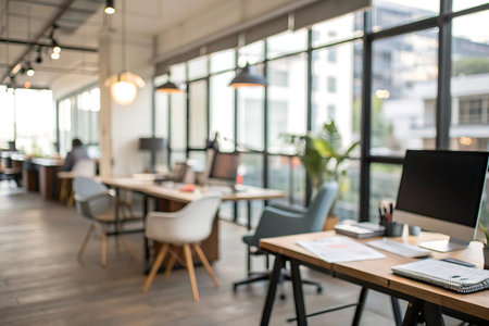 Blurred background of modern business office with coffee shop, stock photoの写真素材