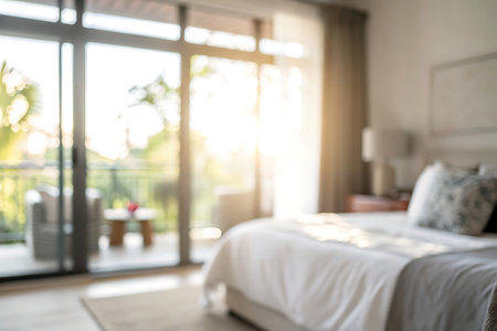 Blurred image of bedroom interior for background - Vintage Light Filter.の写真素材