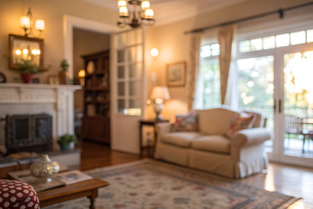 Blurred image of living room with fireplace, sofa and armchairの写真素材