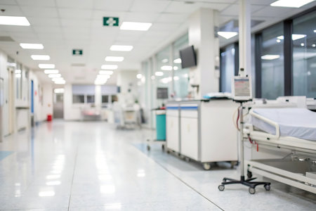 Interior of hospital corridor with patient bed blurred defocused background.の写真素材