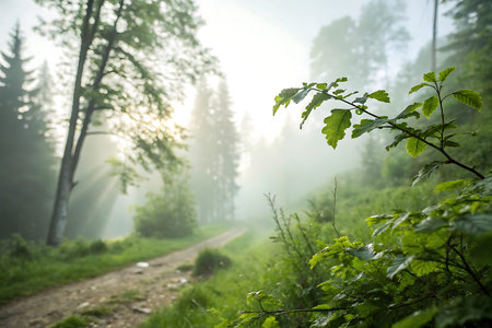 Misty morning in the forest with sunbeams and lens flare