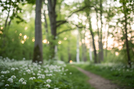 Beautiful spring forest with white flowers, bokeh. Nature backgroundの写真素材