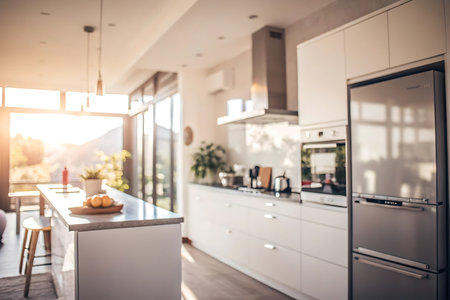 Modern white kitchen interior with built in appliances. Nobody inside. Blurred backgroundの写真素材