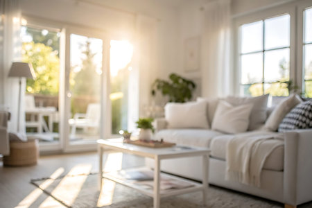 Living room interior with sofa, coffee table and plants. Blurred backgroundの写真素材