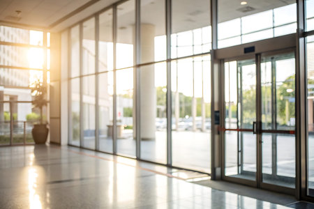 Blurred background of modern office building with glass wall and sunlight.