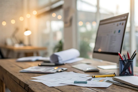 Close up of office desk with laptop, documents and stationery.