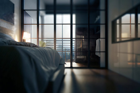 Interior of modern bedroom with black and white walls, concrete floor, comfortable king size bed and glass doors. 3d renderingの写真素材