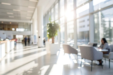 Abstract blur and defocused lobby of modern office building interior for backgroundの写真素材