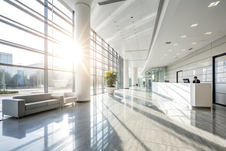 Interior of modern office building with glass walls and tiled floor