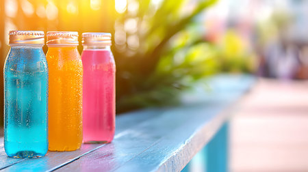 Bottles of fresh fruit juice on wooden table. Selective focus.