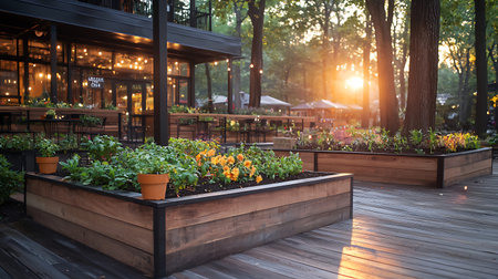 Sunset in the city park. View of the wooden terrace of the cafe.