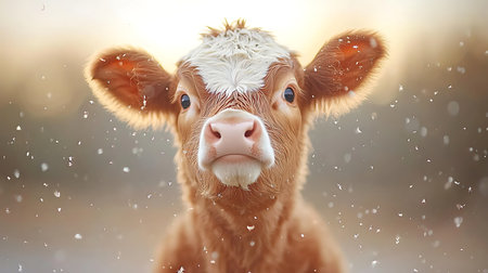 Portrait of a red calf in the snow on a sunny winter dayの写真素材
