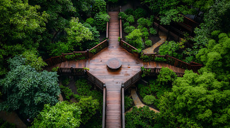 Top view of a wooden stairway in the green forest. Nature backgroundの写真素材