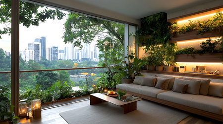 Interior of a modern living room with a view of the cityの写真素材