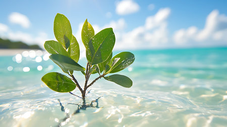 Plant in the ocean with sea and blue sky backgroundの写真素材