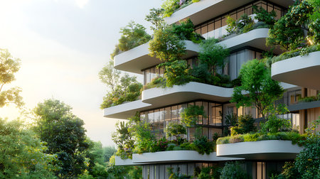 Modern apartment building exterior with green plants at sunset. Perspective view.