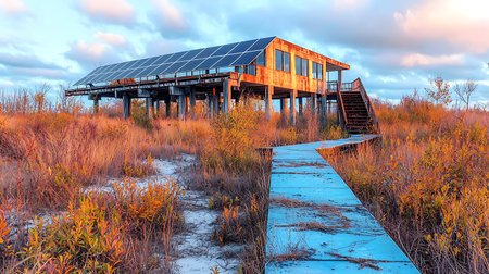 Abandoned solar power station in the prairie at sunset.の写真素材
